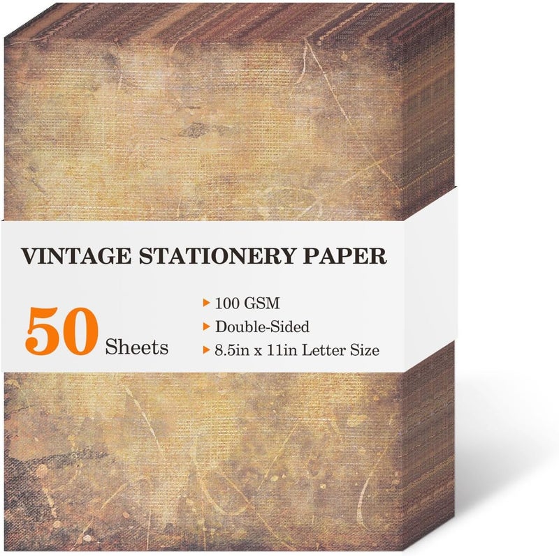 WLXTREE Vintage Printer Paper,Stationery Paper 8.5 x 11,Antique Old Fashion Looking Classic Aged Look Designs Paper for Writing Letters Scroll Printing Typewriter Resume Map,50 Sheets Brown - Image 1